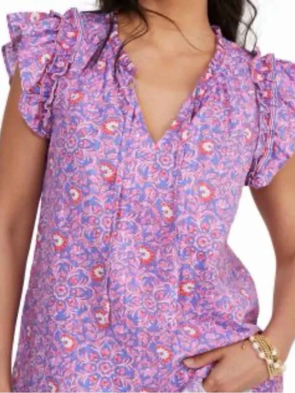 Vineyard Vines Floral Ruffle Sleeve Blouse- katama tile, violet, woven top